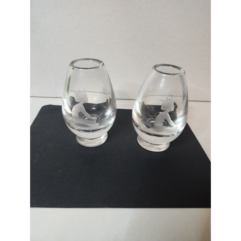 Pair Of Vintage Kosta Swedish Crystal Vases With Princess Nymph On A Water Lilly